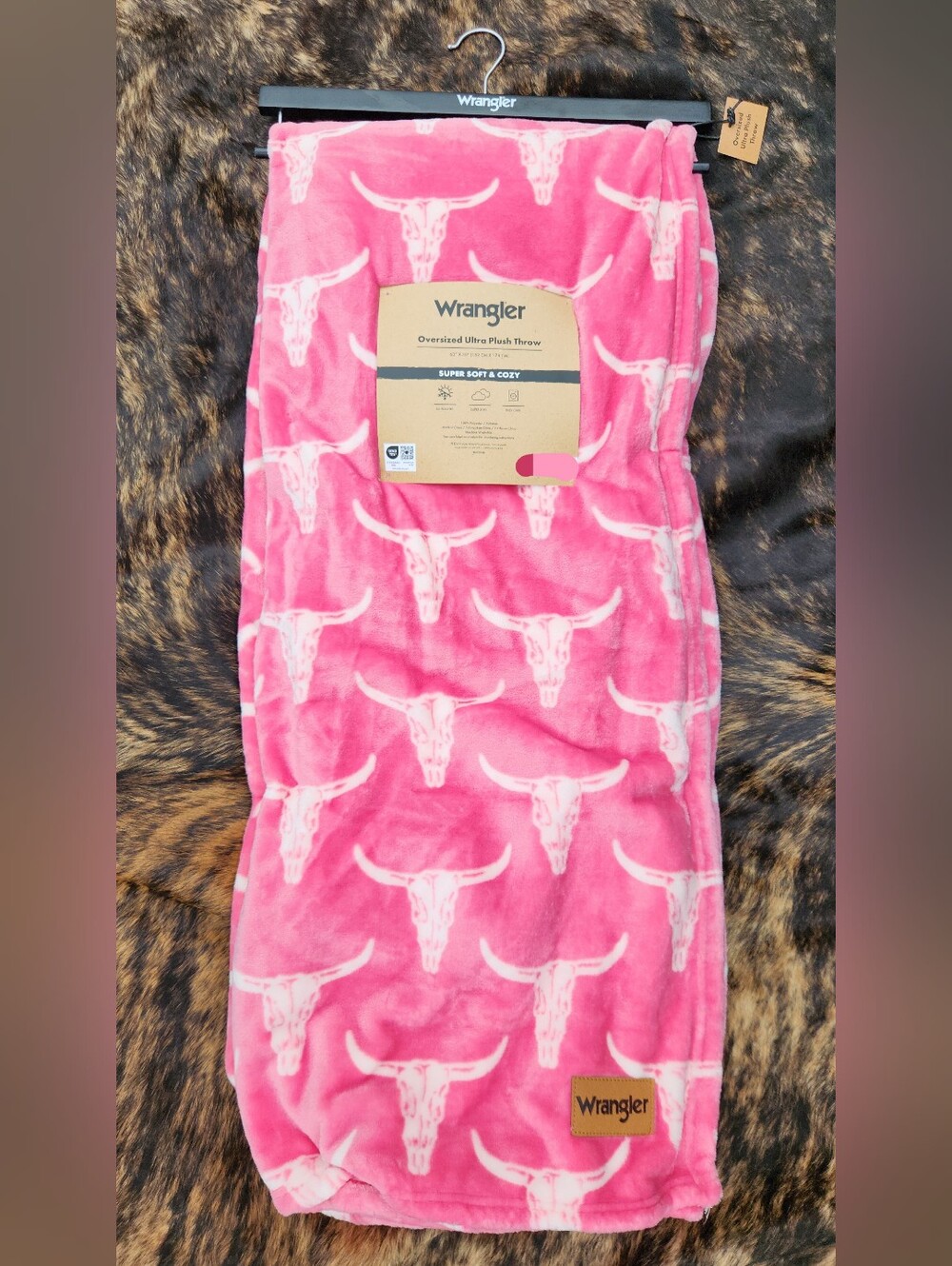 Wrangler Pink Plush Throw Blanket with Steer Skull Pattern